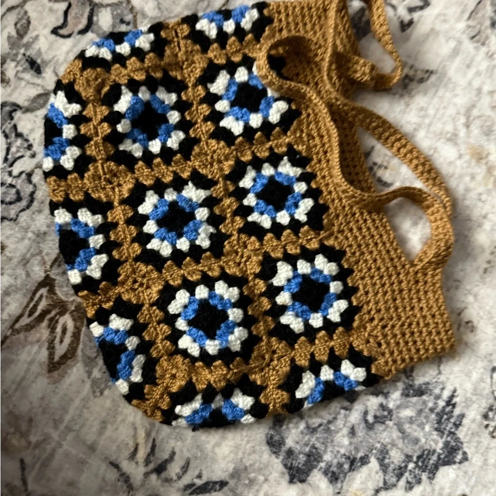Handcrafted Crochet Tote Bag - Brown and Blue